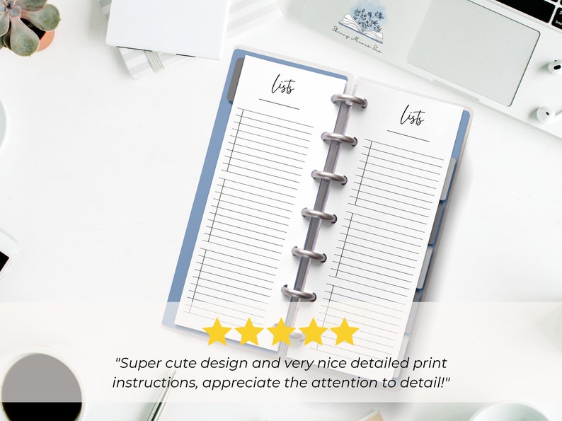 The pages are shown open in a Skinny Mini blue binder with silver rings. It is on a desk next to a laptop and a coffee cup. 5 yellow stars are shown with text from a customer review: Super cute design and very nice detailed print instructions!"