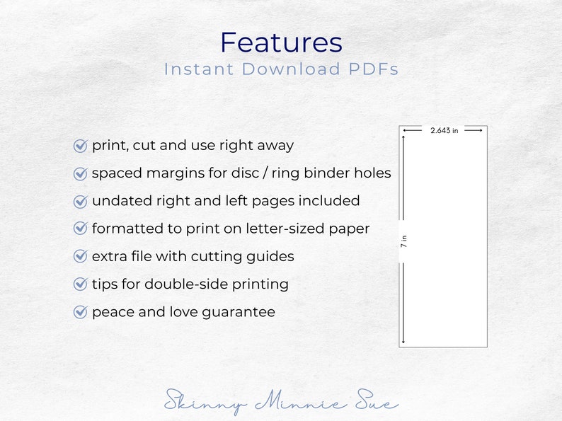 This page lists out the features for the instant download PDFs, and show an image of a rectangle that is 7 inches from top to bottom and 2.643 inches from left to right.