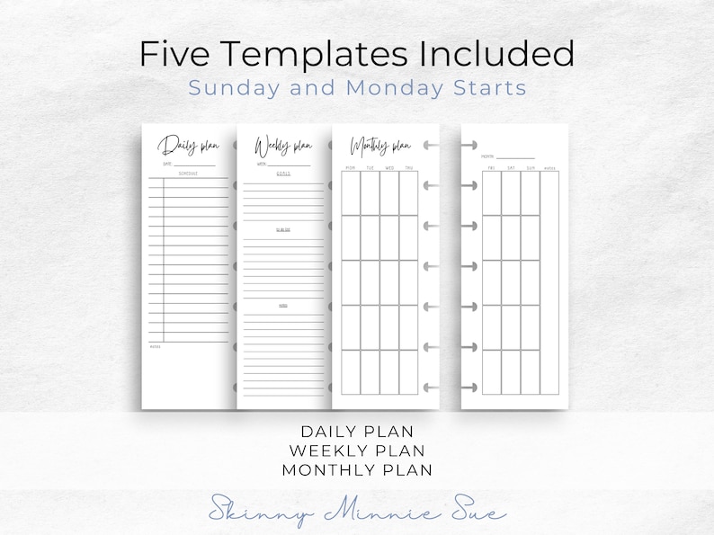 4 Skinny Mini pages shown to include the left and right monthly pages, and the left pages for: daily plan, weekly plan.