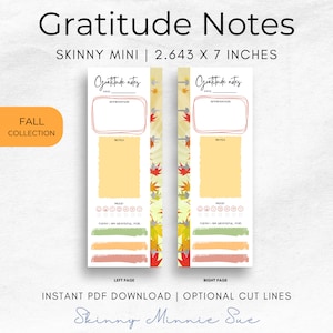 May include: Printable gratitude journal pages with a fall theme. The pages feature a yellow background with a fall leaf pattern and include sections for affirmations, notes, mood tracking, and gratitude lists. The pages are designed for a skinny mini planner and measure 2.643 inches by 7 inches.