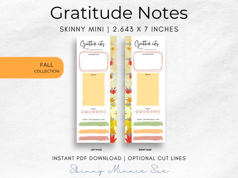 Skinny Mini Fall Happy Planner Printable, Simple Gratitude Notes for Disc Planners, Mood & Affirmations Tracker, Cut Lines, Instant Download image 1