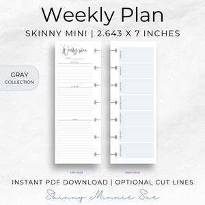 May include: A printable weekly planner in gray, designed for a skinny mini size planner. The planner is 2.643 inches wide by 7 inches tall. The left page has a section for goals and to-do lists, while the right page has a daily schedule for the week.
