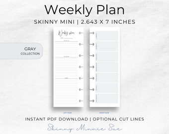 Imprimibles Skinny Mini Gray Happy Planner, Inserciones de planes semanales minimalistas para planificadores de discos, líneas de corte, descarga instantánea inicio del lunes lunes