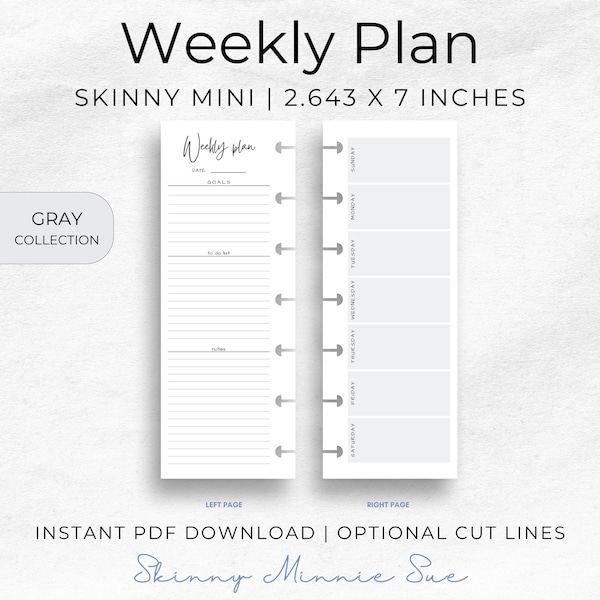 Skinny Mini Grau Happy Planner Printables, Minimalistische Wochenplan Einsätze für Disc Planner, Cut Lines, Sofort Download Sonntag Montag Start