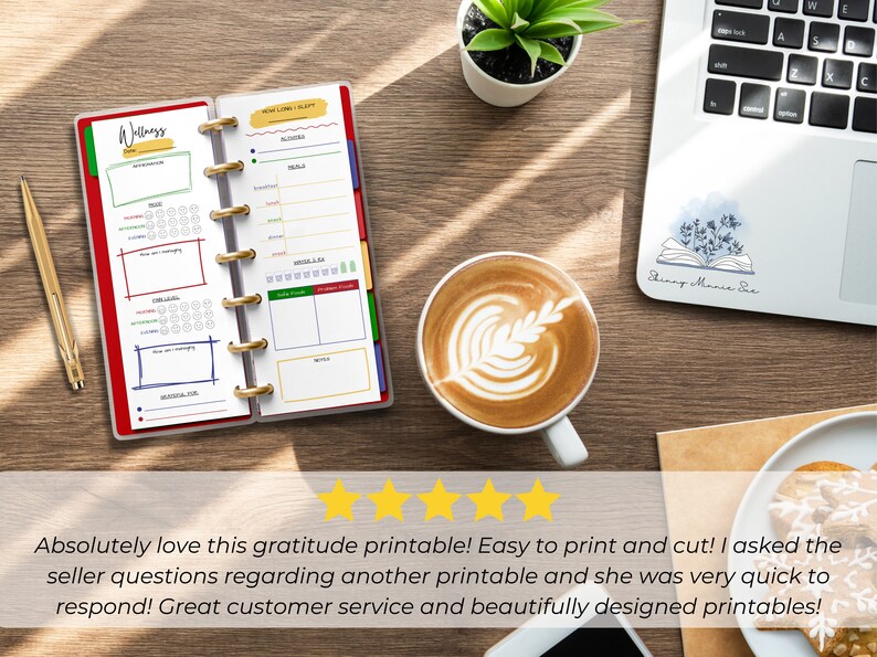 May include: A red and white printable planner with the word "Wellness" on the cover. The planner is open to a page with sections for "New Lows I Slept", "Meals", and "Goals".