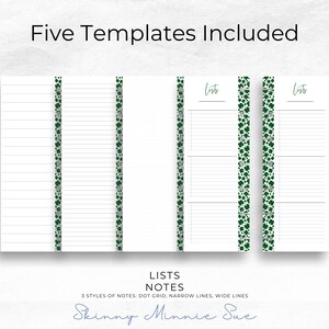 4 Skinny Mini pages shown to include the left and right Lists pages, and the left pages for: dot grid notes, narrow line notes, wide line notes.