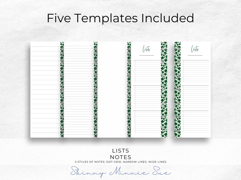 4 Skinny Mini pages shown to include the left and right Lists pages, and the left pages for: dot grid notes, narrow line notes, wide line notes.