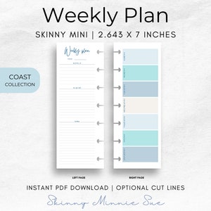 Skinny Mini Coast Happy Planner Printable, Weekly Plan Inserts for Disc Planners, Optional Cut Lines, Instant Download Sunday Monday Start image 1