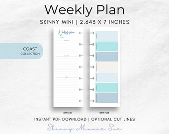 Skinny Mini Coast Happy Planner Printable, Weekly Plan Inserts for Disc Planners, Optional Cut Lines, Instant Download Sunday Monday Start