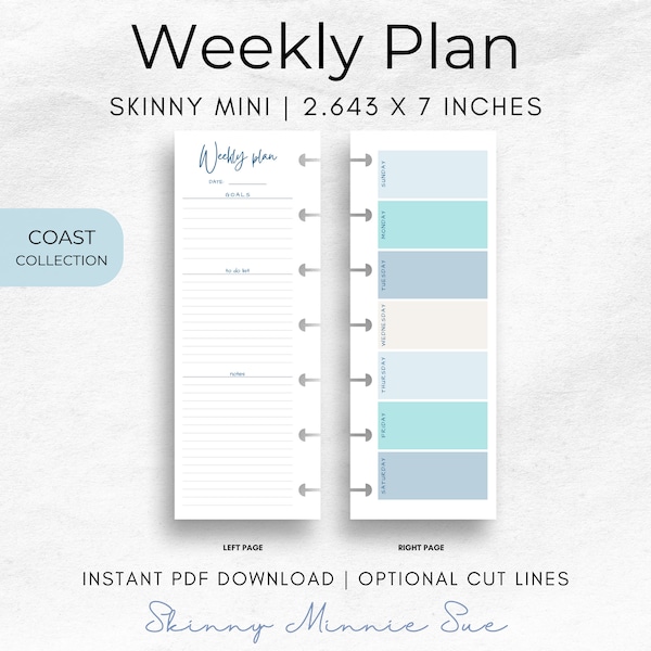 Skinny Mini Coast Happy Planner Printable, Weekly Plan Inserts for Disc Planners, Optional Cut Lines, Instant Download Sunday Monday Start