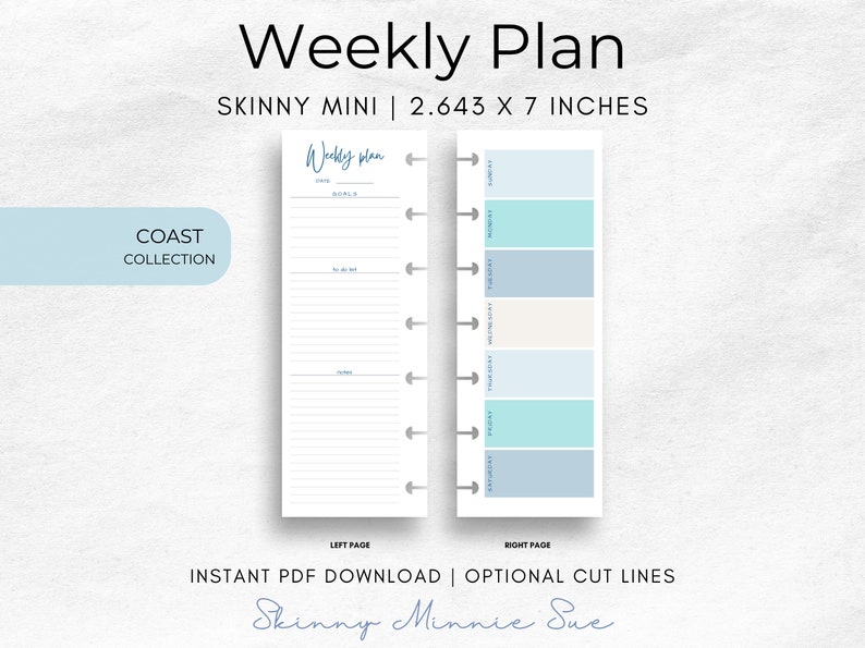 Skinny Mini Coast Happy Planner Printable, Weekly Plan Inserts for Disc Planners, Optional Cut Lines, Instant Download Sunday Monday Start image 1