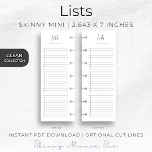 Photo of left and right pages for the Skinny Mini Planner, each with a line at the top to include a date or title. There are 3 sections, 9 lines each section, on each page for lists with spaces for numbers or check marks.