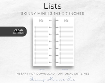 Skinny Mini Clean Lists Happy Planner Printables, Minimalist Inserts Discbound, Undated Task Tracker, Cut Lines, Instant Download Lists