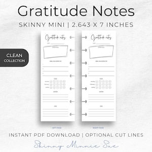 Photo of left and right pages for the Skinny Mini Planner, pages are the same and show place to record: date, affirmation, 3 things you are grateful for, mood in morning and afternoon and evening, activities and notes. Mood has 5 smiley face options.