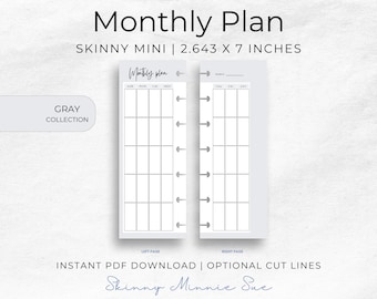 Skinny Mini Gray Happy Planner Printables, Monthly Plan Inserts for Disc Planners, Cut Lines, Instant Download Sunday Monday Start