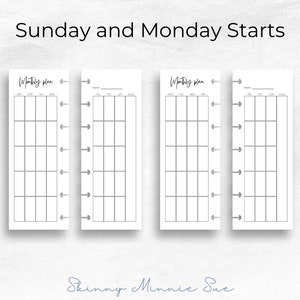 Sunday Monday starts. Shows same two pages, and a second set of two pages showing a blank monthly calendar with weekdays at top: left page with Mon through Thu, right page with Fri through Sun and notes column. Right page has place to record Month.