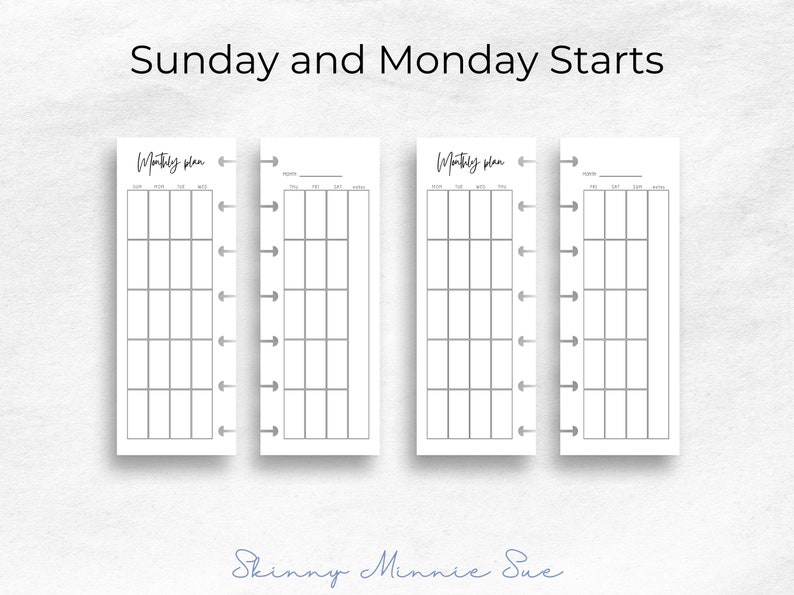 Sunday Monday starts. Shows same two pages, and a second set of two pages showing a blank monthly calendar with weekdays at top: left page with Mon through Thu, right page with Fri through Sun and notes column. Right page has place to record Month.