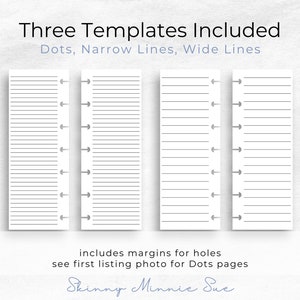 Photo of 4 notes pages for the Skinny Mini Planner with punched holes to include: left and right notes pages with narrow lines, left and right notes pages with wides lines. Includes margins for punching holes.