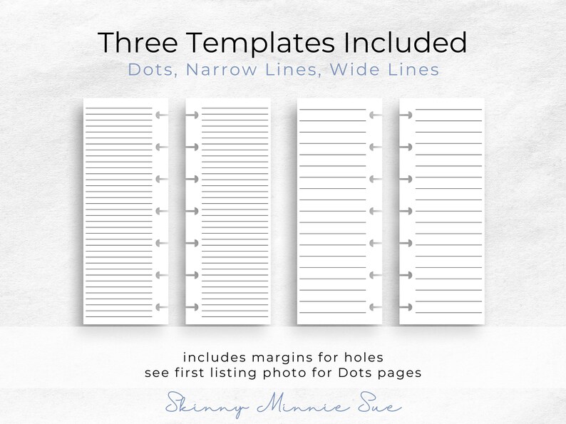 Photo of 4 notes pages for the Skinny Mini Planner with punched holes to include: left and right notes pages with narrow lines, left and right notes pages with wides lines. Includes margins for punching holes.