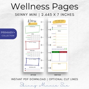 May include: Printable wellness planner pages for a skinny mini size planner. The left page has sections for mood tracking, energy levels, and gratitude. The right page has sections for sleep, meals, social interactions, and notes.