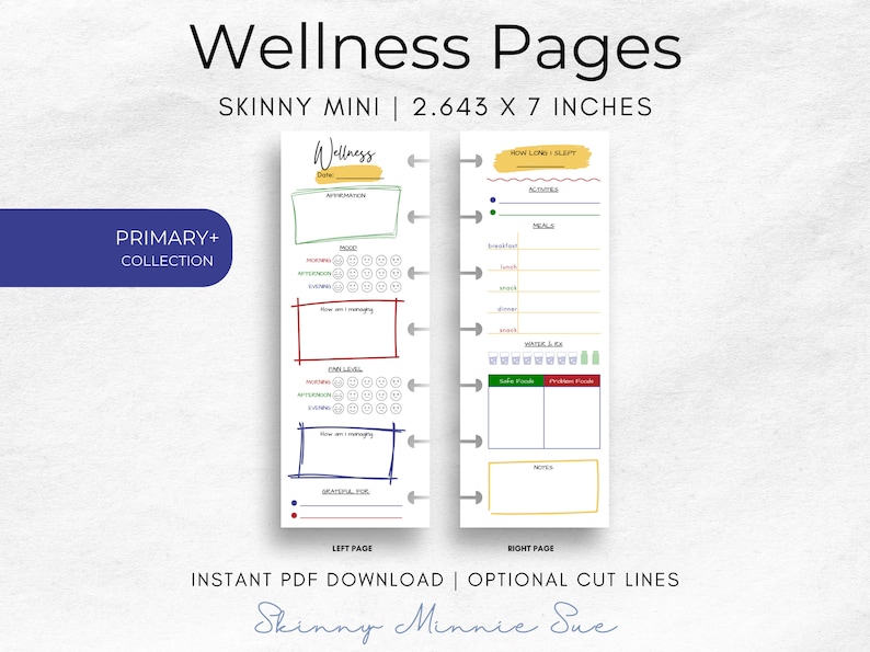 May include: Printable wellness planner pages for a skinny mini size planner. The left page has sections for mood tracking, energy levels, and gratitude. The right page has sections for sleep, meals, social interactions, and notes.