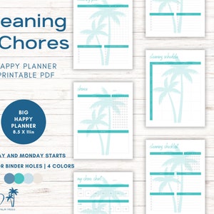 Big Happy Planner Printables, Palm Tree Watermark Cleaning Chores Schedule, Printable Household Chore Chart, US Letter Instant PDF Download