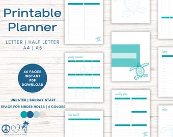 May include: Printable planner with 46 pages, featuring a sea turtle design in teal and white. The planner is undated, starts on Sunday, and has space for binder holes. It is available in four colours.