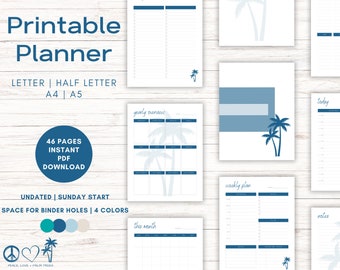 Palm Tree Printable Planner Bundle, Daily Weekly Monthly Pages, Undated Productivity Tracker, Printables in Letter Half Letter A4 A5 Sizes