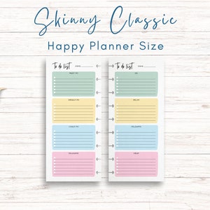 May include: A printable to-do list planner page with four sections labeled "Must Do", "Should Do", "Could Do", and "Delegate". The sections are color-coded in green, yellow, blue, and pink. The planner page is designed for use with a Happy Planner.