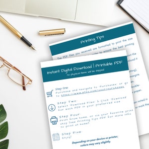 May include: A blue and white printable PDF download guide with instructions on how to download and print the PDF files. The guide includes a shopping cart icon, a downward arrow, a printer icon, and a checklist icon.