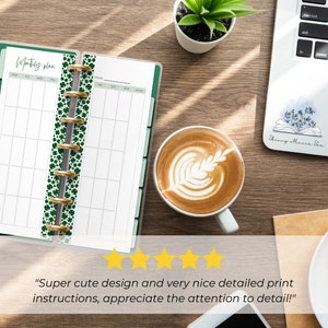 The pages are shown open in a Skinny Mini green binder gold silver rings. It is on a desk next to a laptop and a coffee cup. 5 yellow stars are shown with text from a customer review: Super cute design and very nice detailed print instructions!"