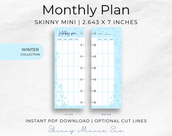 Magere Mini Winter glücklich Planer Printables, Monatsplaner Einsätze für Disc Planner, Schnittlinien, Sofort Download Sonntag Montag Start