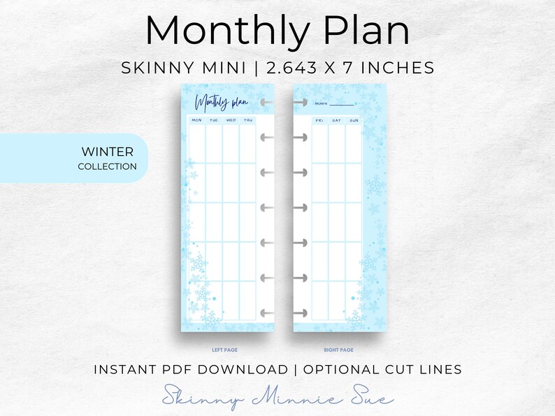 Skinny Mini Winter Happy Planner Printables, Monthly Plan Inserts for Disc Planners, Cut Lines, Instant Download Sunday Monday Start image 1