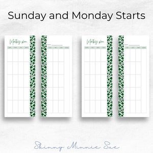 Sunday Monday starts. Shows same two pages, and a second set of two pages showing a blank monthly calendar with weekdays at top: left page with Mon through Thu, right page with Fri through Sun and notes column. Right page has place to record Month.