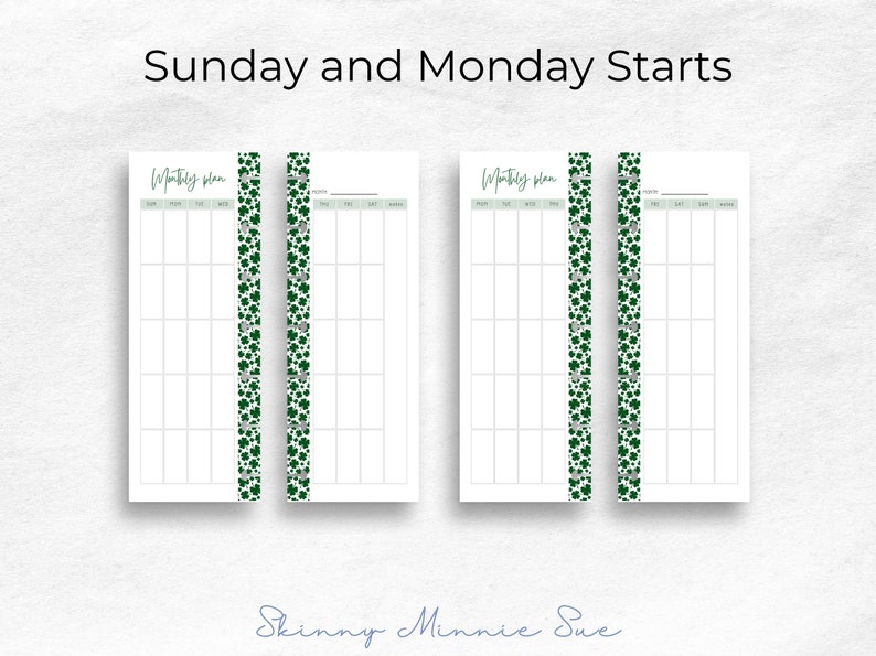 Sunday Monday starts. Shows same two pages, and a second set of two pages showing a blank monthly calendar with weekdays at top: left page with Mon through Thu, right page with Fri through Sun and notes column. Right page has place to record Month.