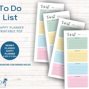 May include: Printable to-do list template in a Happy Planner size of 4.125 x 9.25 inches. The template features four different colored sections with lines for writing tasks. The sections are labeled "Must Do", "Should Do", "Could Do", and "Delegate".