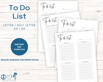 Printable To-Do Lists, Minimalist Gray Undated Task Tracker, Planner Printables in Letter Half Letter A4 and A5 Sizes