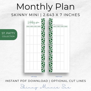 Photo of left and right pages for the Skinny Mini Planner, two page spread showing a blank monthly calendar with weekdays at top: left page with Sun through Wed, right page with Thu through Sat and notes column. Right page has place to record Month.