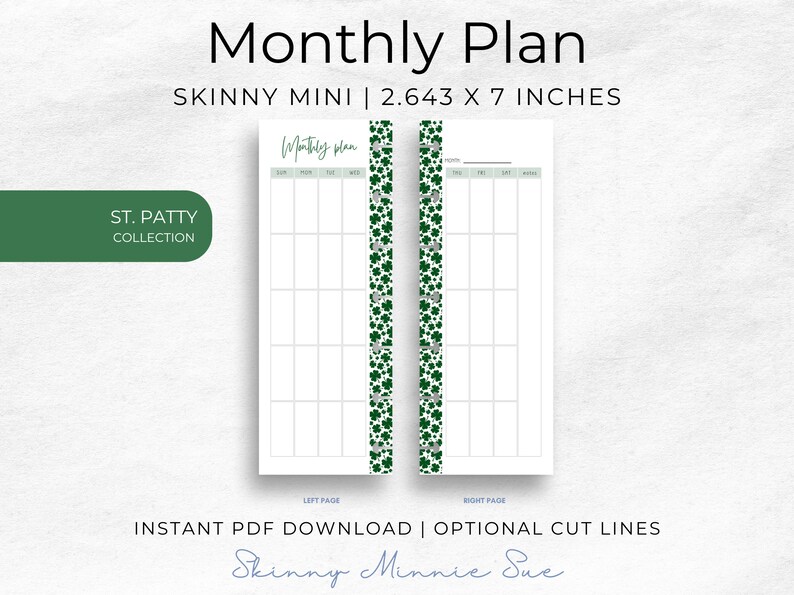 Photo of left and right pages for the Skinny Mini Planner, two page spread showing a blank monthly calendar with weekdays at top: left page with Sun through Wed, right page with Thu through Sat and notes column. Right page has place to record Month.