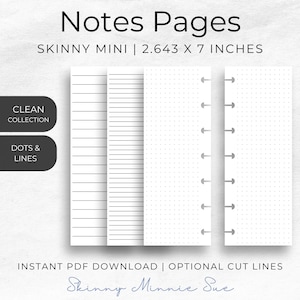 Photo of notes pages for the Skinny Mini Planner with punched holes to include: left and right notes pages with dot grid, left notes page with narrow lines, left notes page with wide lines.