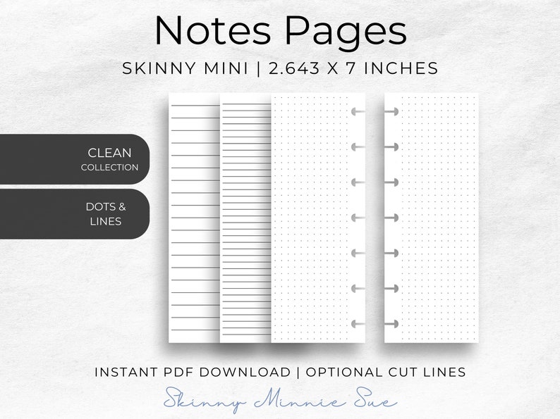 Photo of notes pages for the Skinny Mini Planner with punched holes to include: left and right notes pages with dot grid, left notes page with narrow lines, left notes page with wide lines.