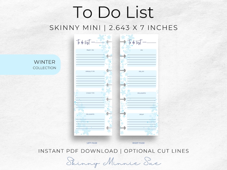 Skinny Mini Winter Happy Planner Printables, Snowflake Inserts for Disc Planners, Undated Task Tracker, Cut Lines, Instant Download Lists image 1