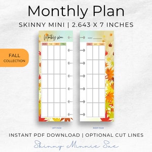 Skinny Mini Fall Happy Planner Printables, Monthly Plan Inserts for Disc Planners, Cut Lines, Instant Download Sunday Monday Start image 1