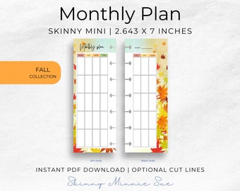 Skinny Mini Fall Happy Planner Printables, Monthly Plan Inserts for Disc Planners, Cut Lines, Instant Download Sunday Monday Start