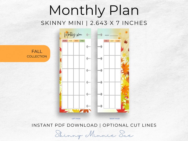 Skinny Mini Fall Happy Planner Printables, Monthly Plan Inserts for Disc Planners, Cut Lines, Instant Download Sunday Monday Start image 1
