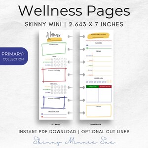 May include: A printable wellness journal page for a skinny mini planner. The left page has sections for mood, energy level, and gratitude. The right page has sections for sleep, activities, meals, and notes. The page is 2.643 inches wide by 7 inches tall.