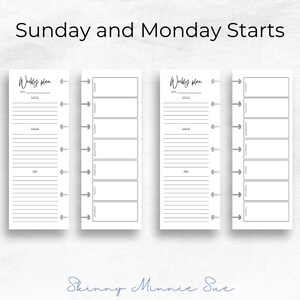 Sunday Monday starts. Shows same two pages, and a second set of two pages showing same for left page but the right page has 7 boxes for the weekdays Monday through Sunday.