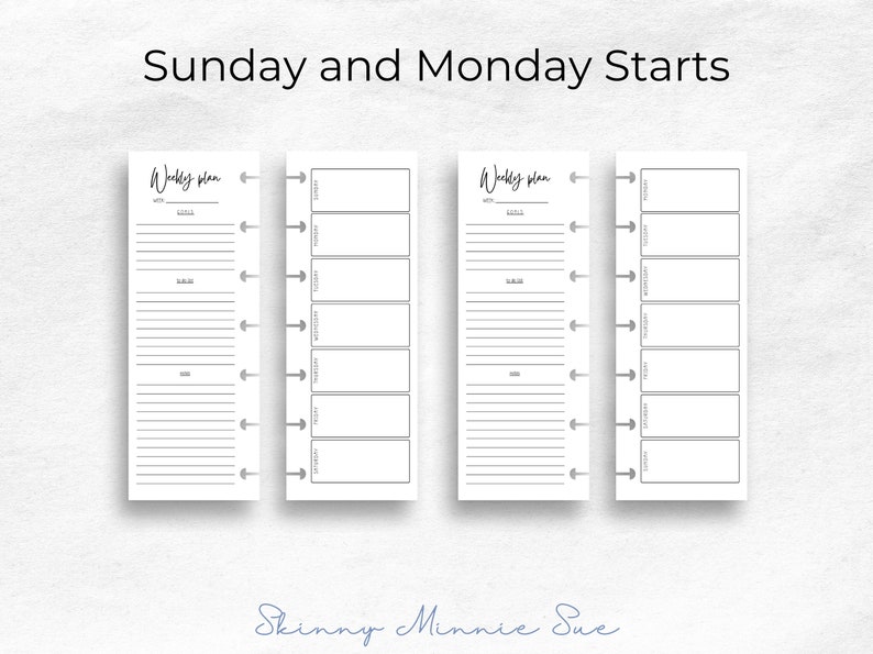 Sunday Monday starts. Shows same two pages, and a second set of two pages showing same for left page but the right page has 7 boxes for the weekdays Monday through Sunday.