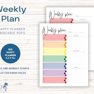 May include: Two printable weekly planner pages with a rainbow color scheme. Each page has space for a date, goals, to-do list, and notes. The pages are designed for a big happy planner, measuring 8.5 x 11 inches.