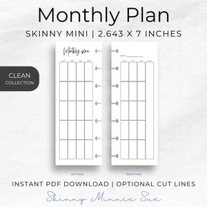 Photo of left and right pages for the Skinny Mini Planner, two page spread showing a blank monthly calendar with weekdays at top: left page with Sun through Wed, right page with Thu through Sat and notes column. Right page has place to record Month.